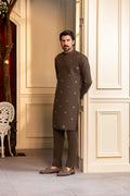 Stitched Embroidered Kurta With Matching Trousers for Men - Olive Green