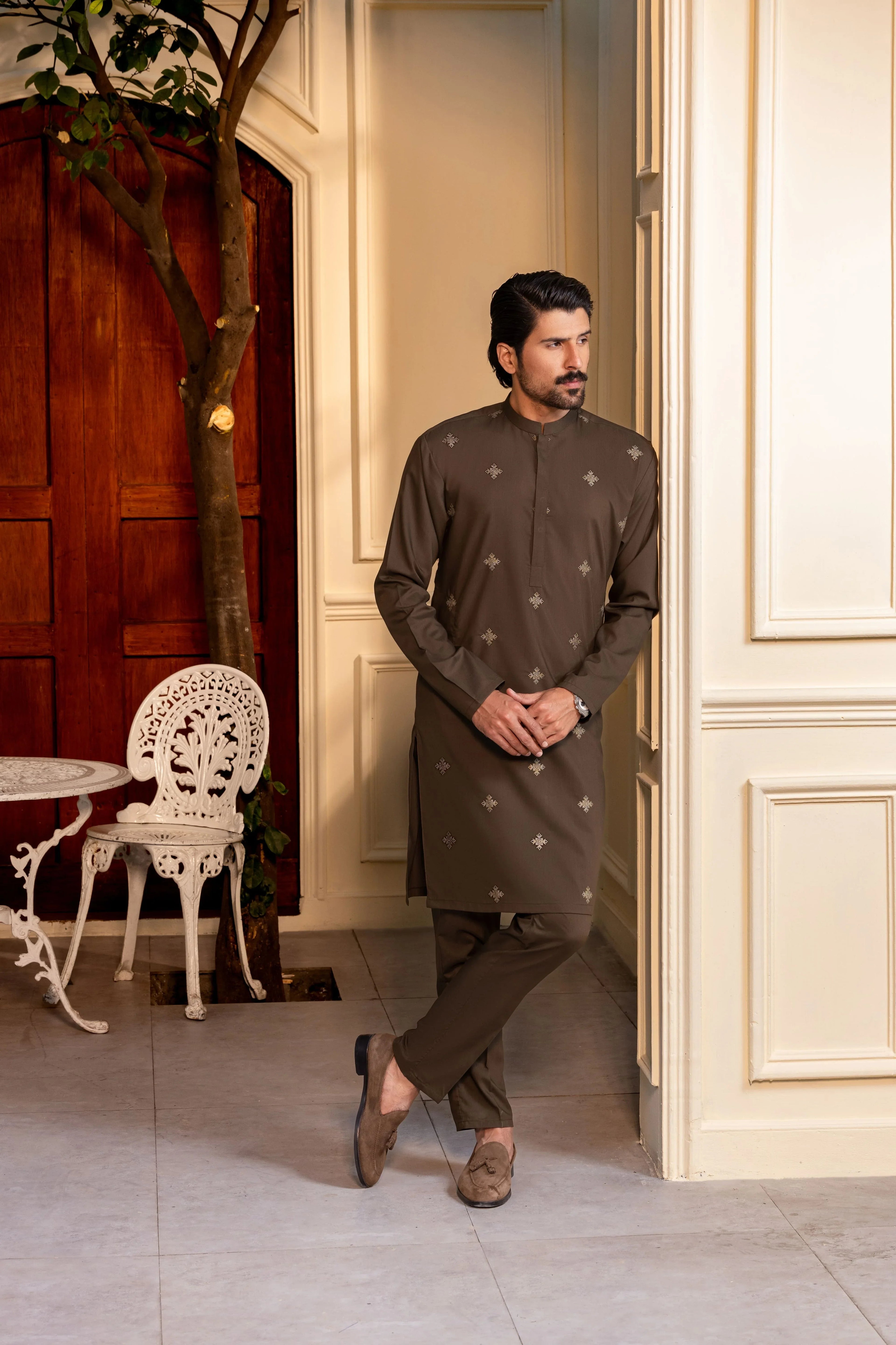 Stitched Embroidered Kurta With Matching Trousers for Men - Olive Green