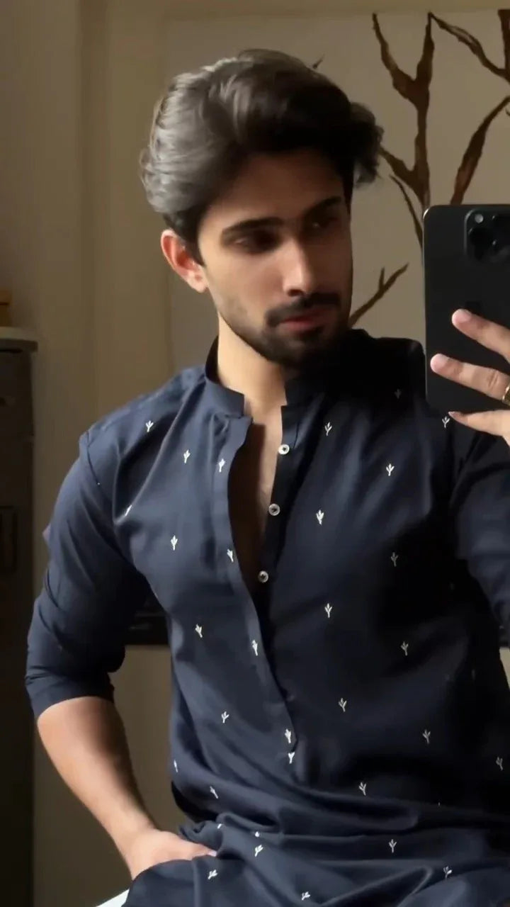 Stitched Embroidered Kurta With Trouser for Men - Navy Blue