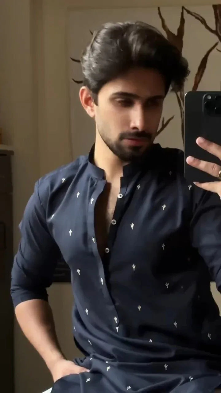Stitched Embroidered Kurta With Trouser for Men - Navy Blue