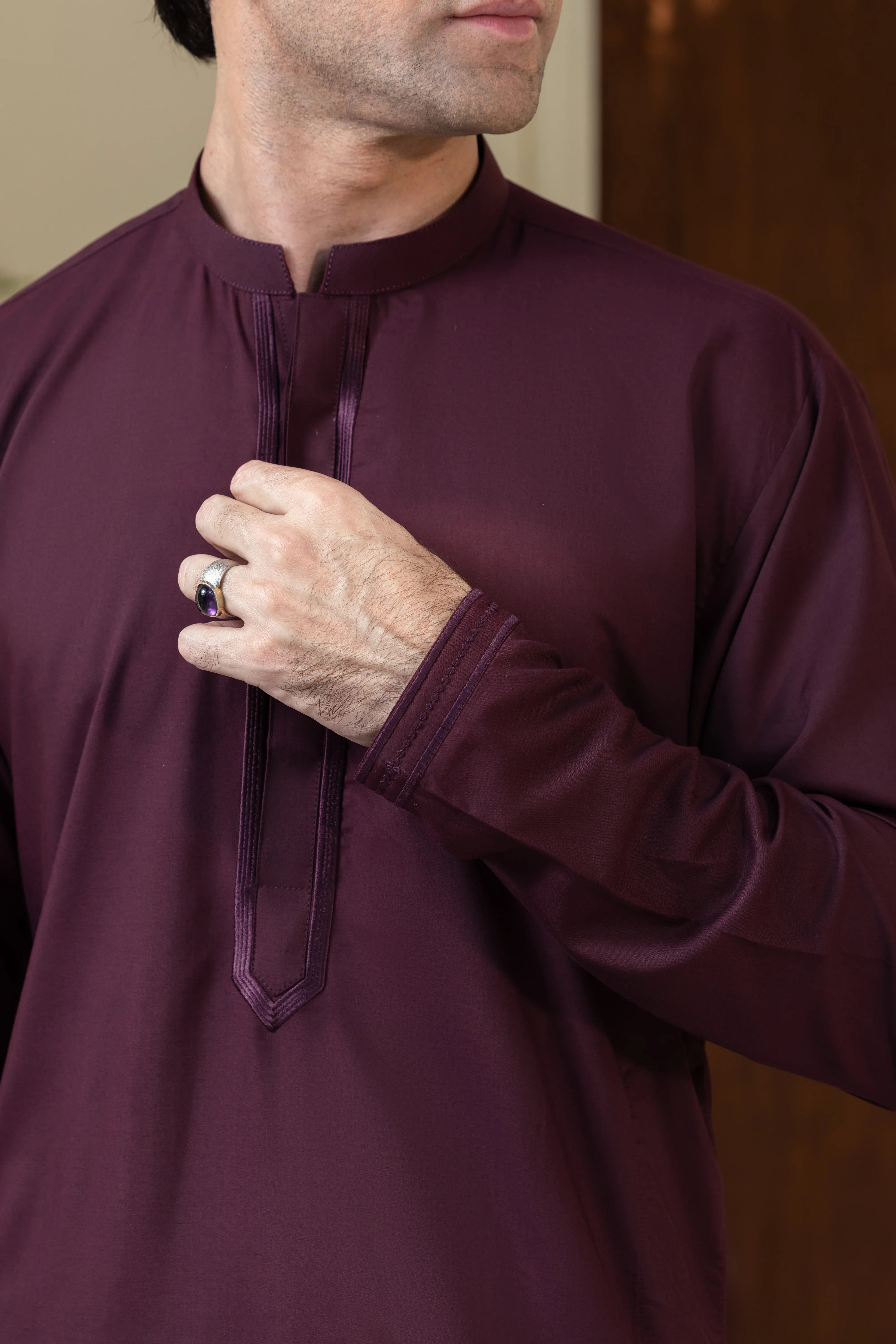 Stitched Exquisite Limited Edition Embroidered Kurta Trouser for Men - Maroon