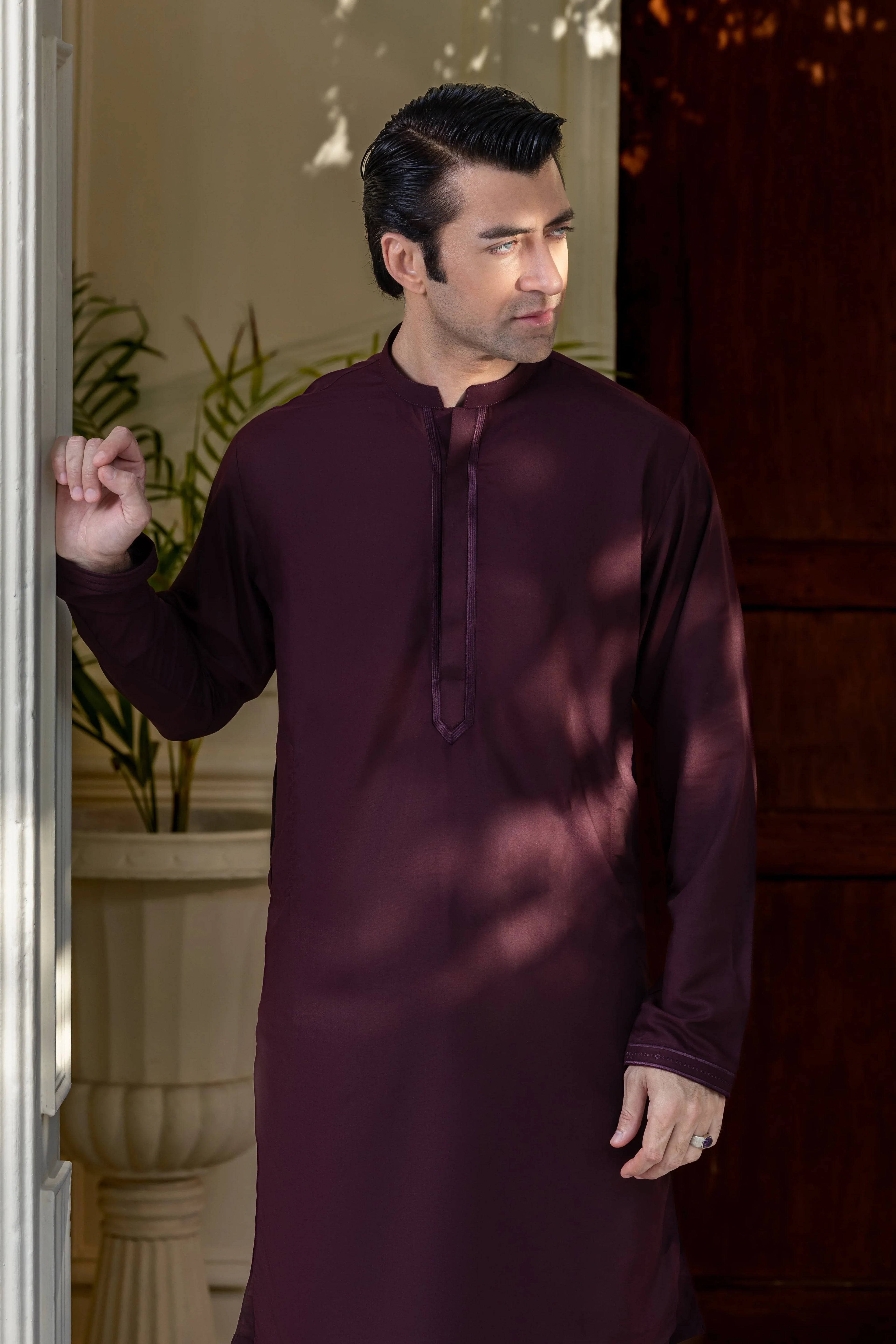 Stitched Exquisite Limited Edition Embroidered Kurta Trouser for Men - Maroon