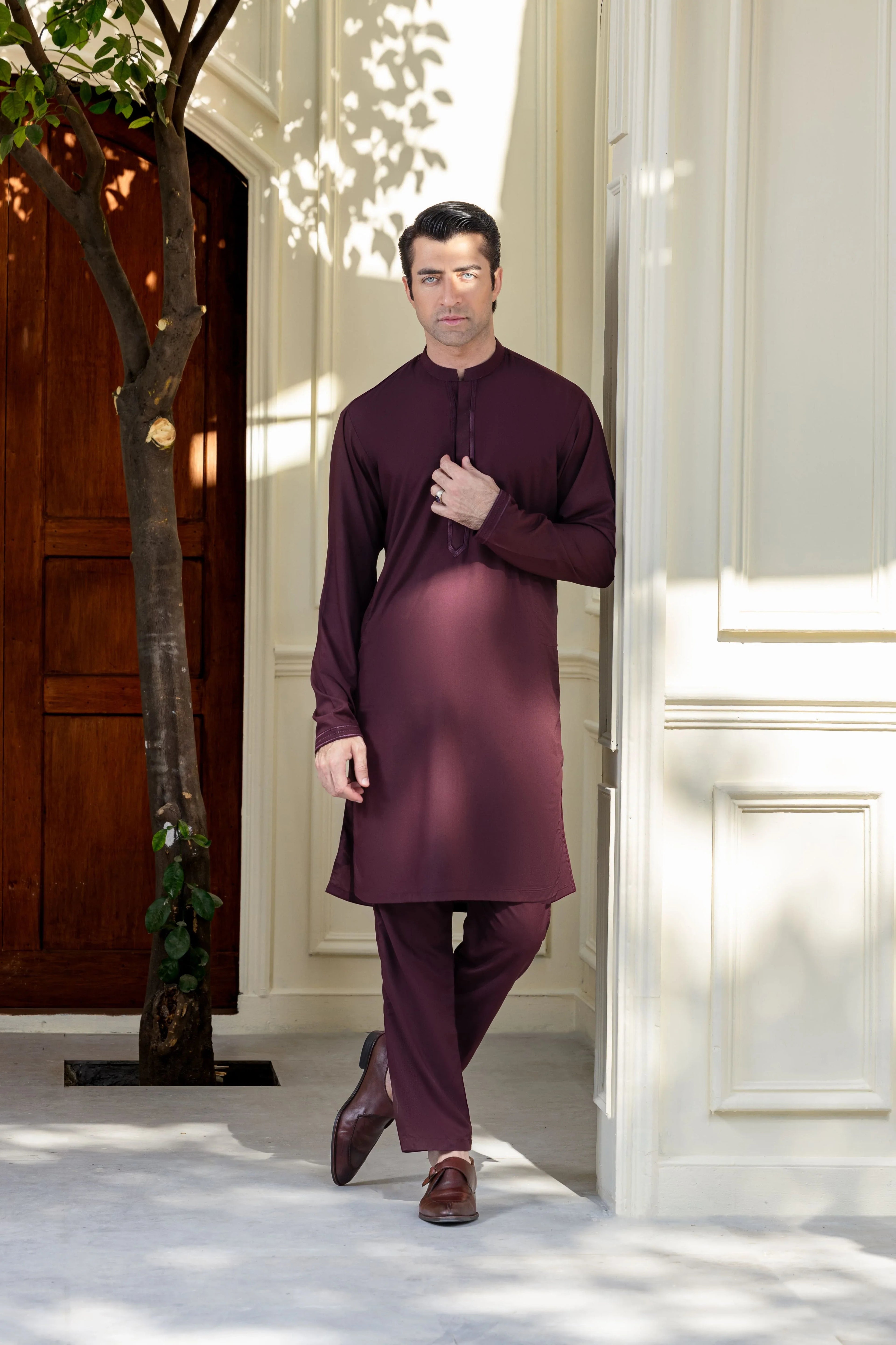 Stitched Exquisite Limited Edition Embroidered Kurta Trouser for Men - Maroon
