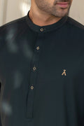 Stitched Full Ban Kurta Shalwar With Golden Accents for Men - Fern Green