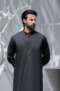 Stitched Golden Contrast Embroidered Kurta Trouser for Men - Black