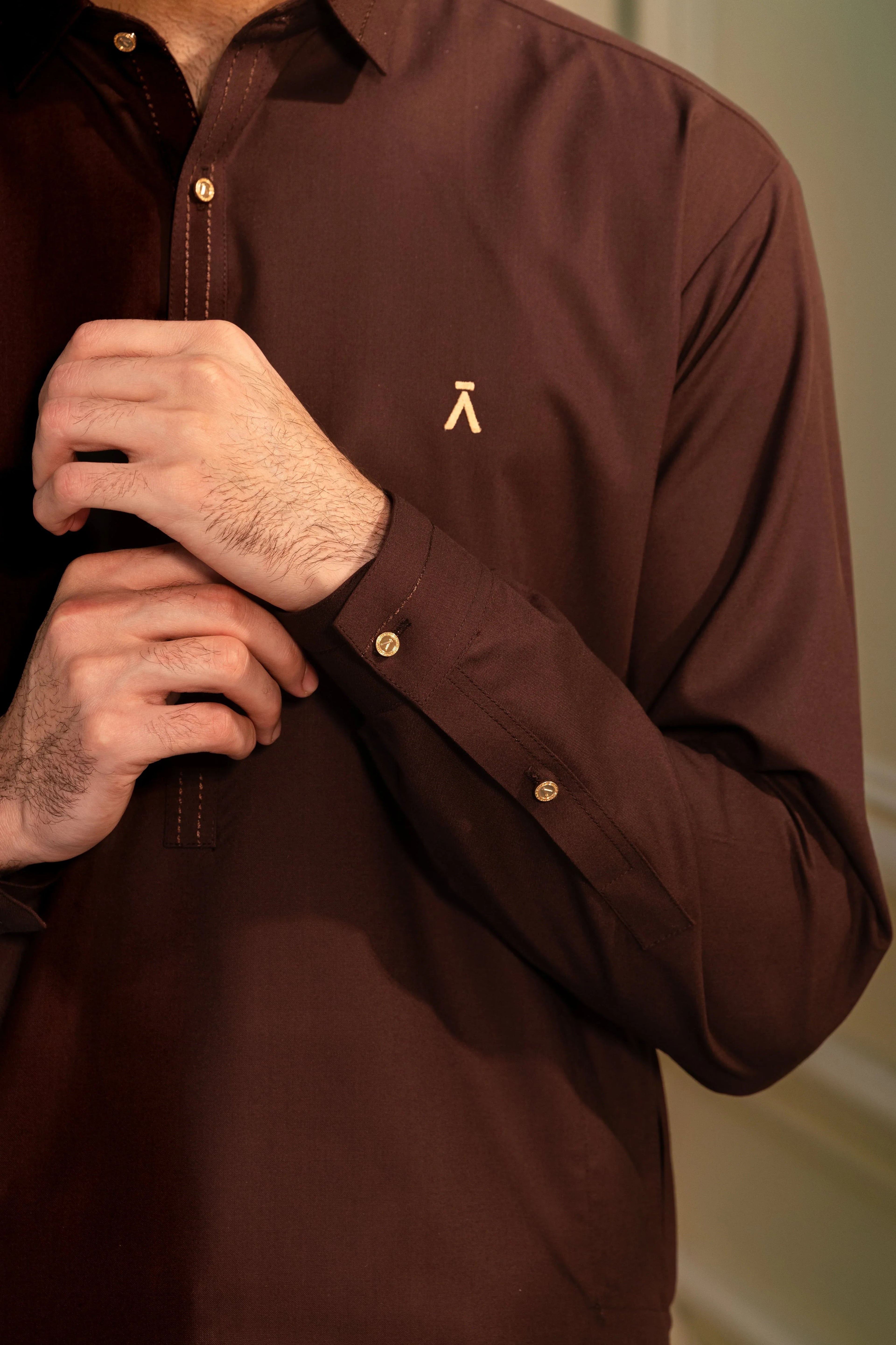 Stitched Kameez Shalwar With Matching Thread Detailing & Golden Buttons for Men - Chocolate Brown
