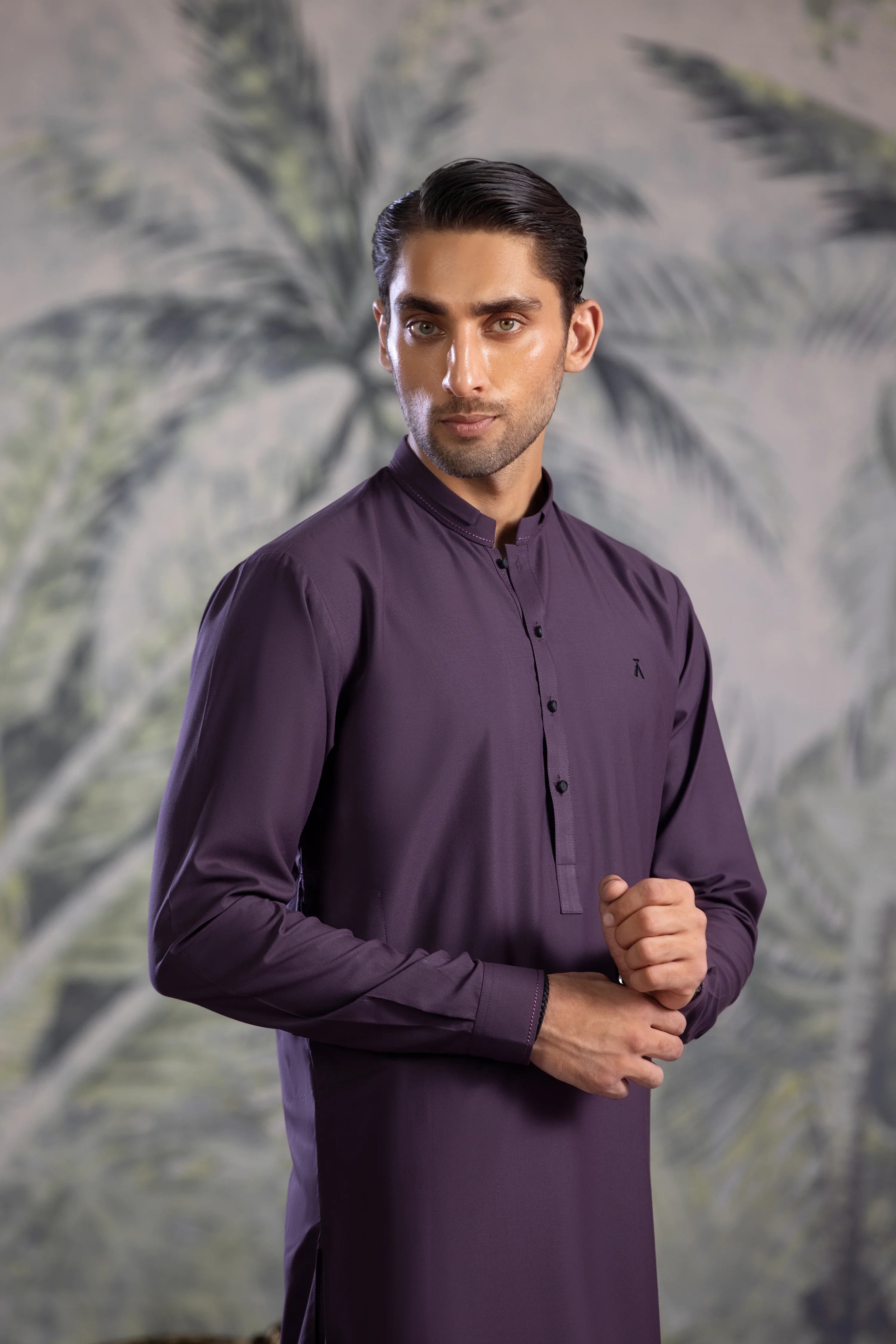Stitched Kurta Shalwar With Contrast Buttons & Details for Men - Indigo