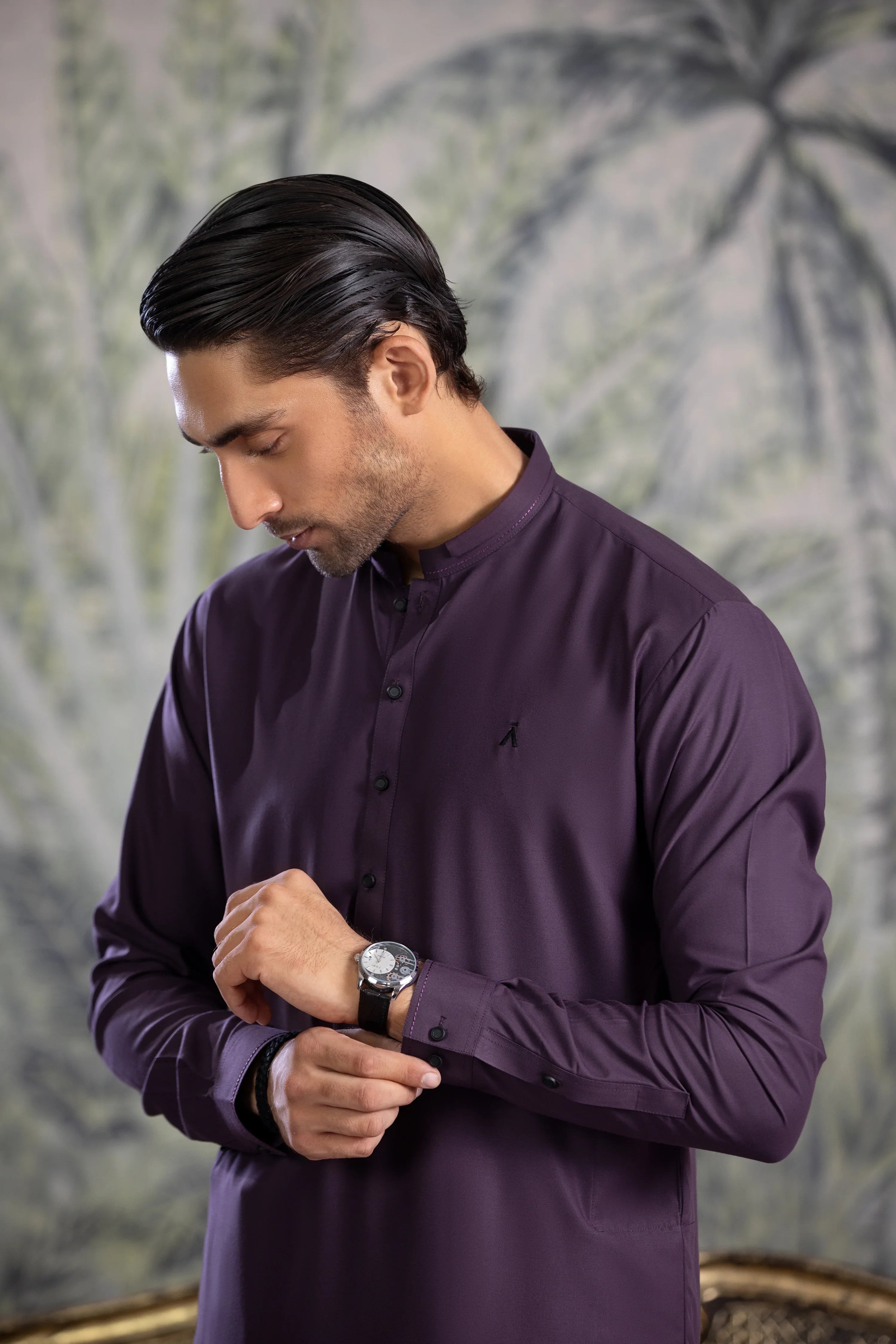 Stitched Kurta Shalwar With Contrast Buttons & Details for Men - Indigo