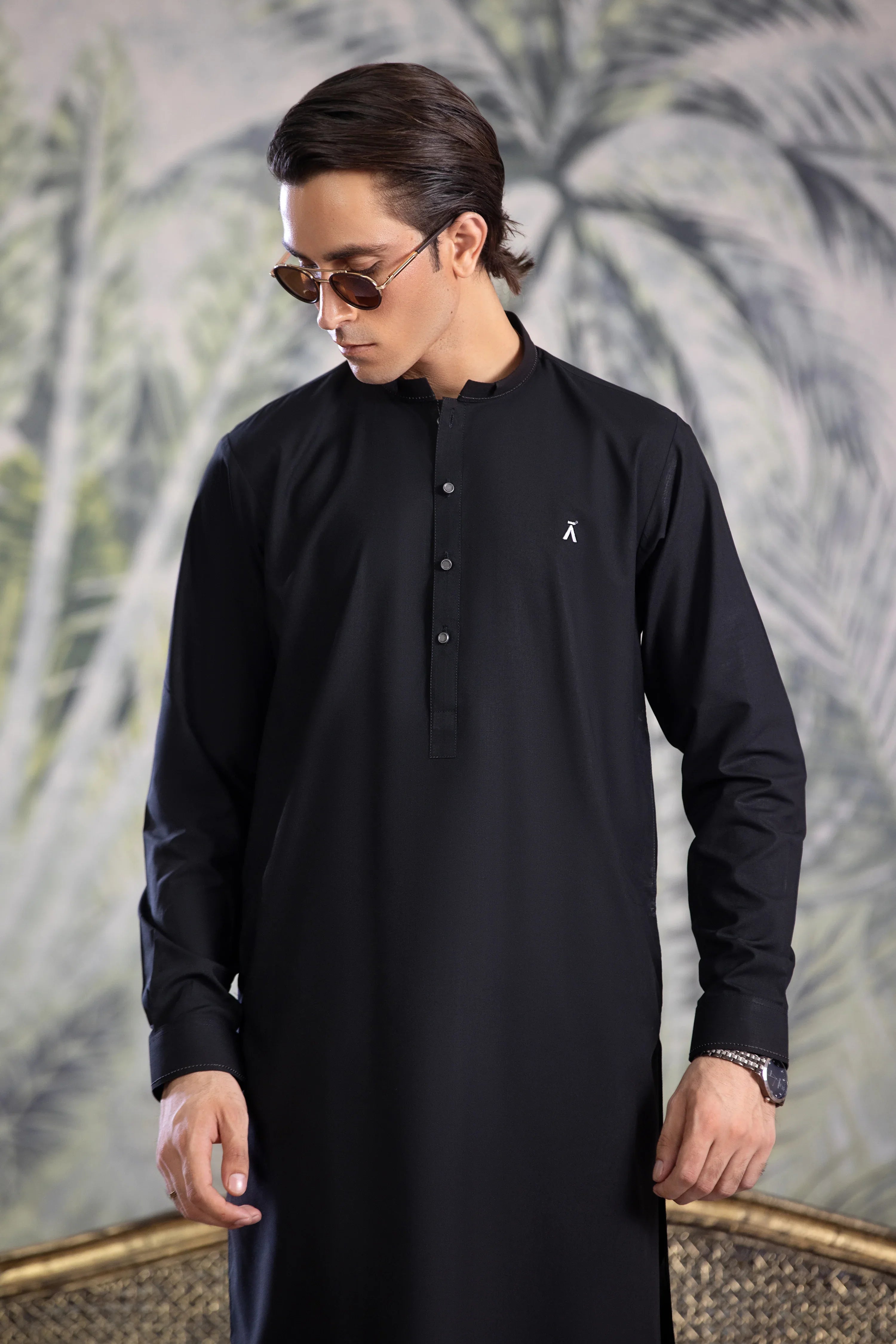 Stitched Kurta Shalwar With Contrast Detailing for Men - Black