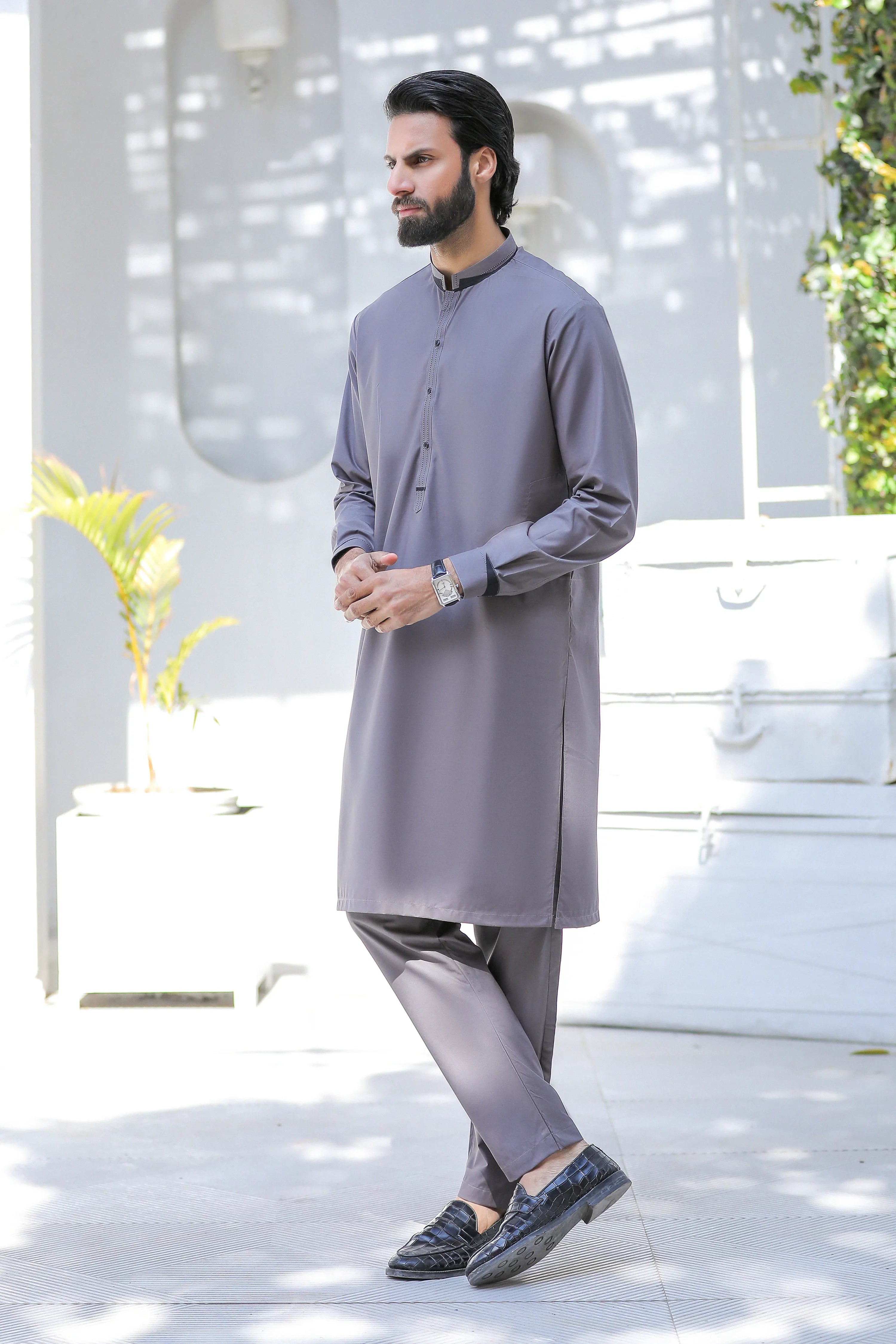 Stitched Kurta Trouser With Detailing for Men - Grey