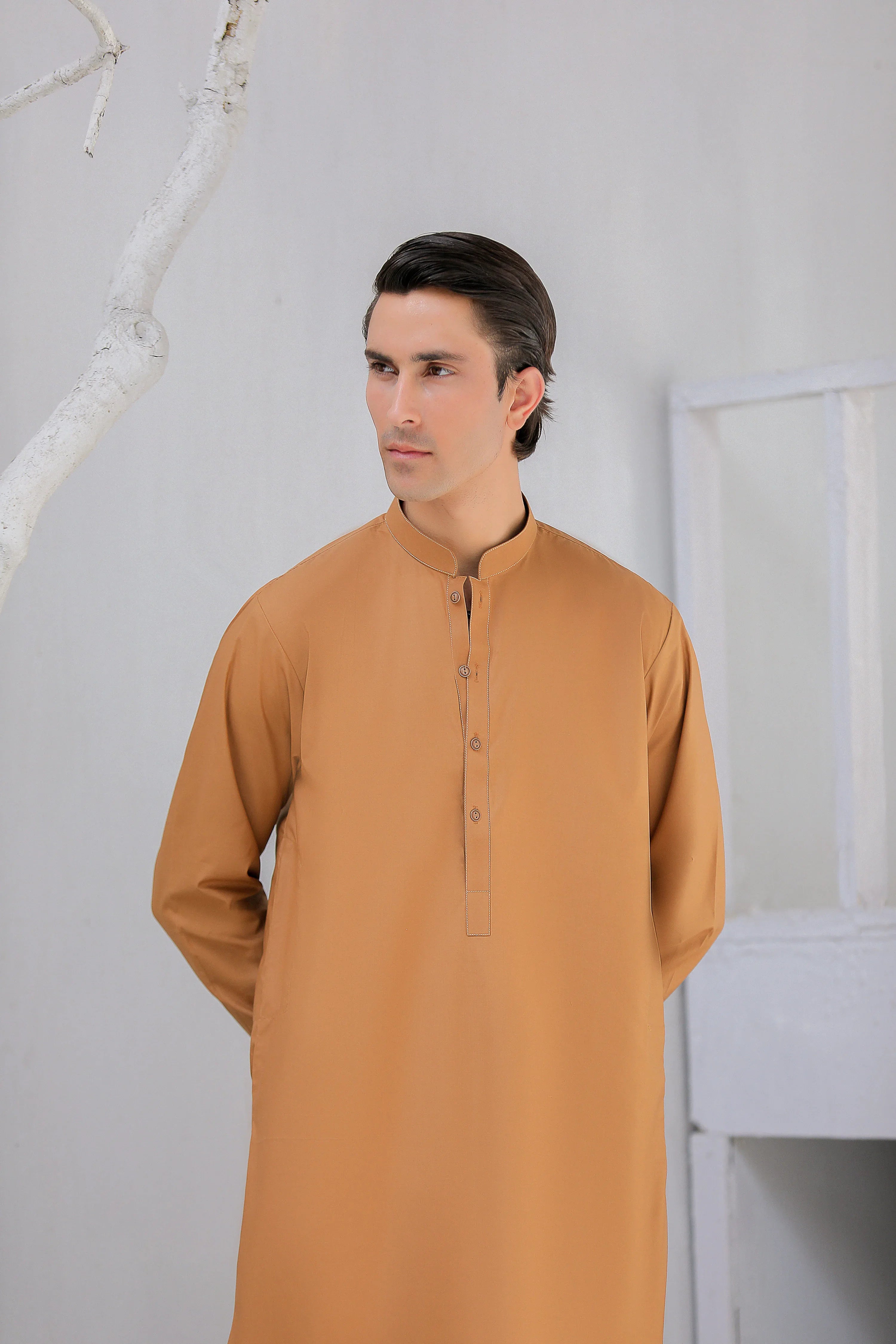 Stitched Kurta Trouser With Wood Buttons for Men - Dark Mustard