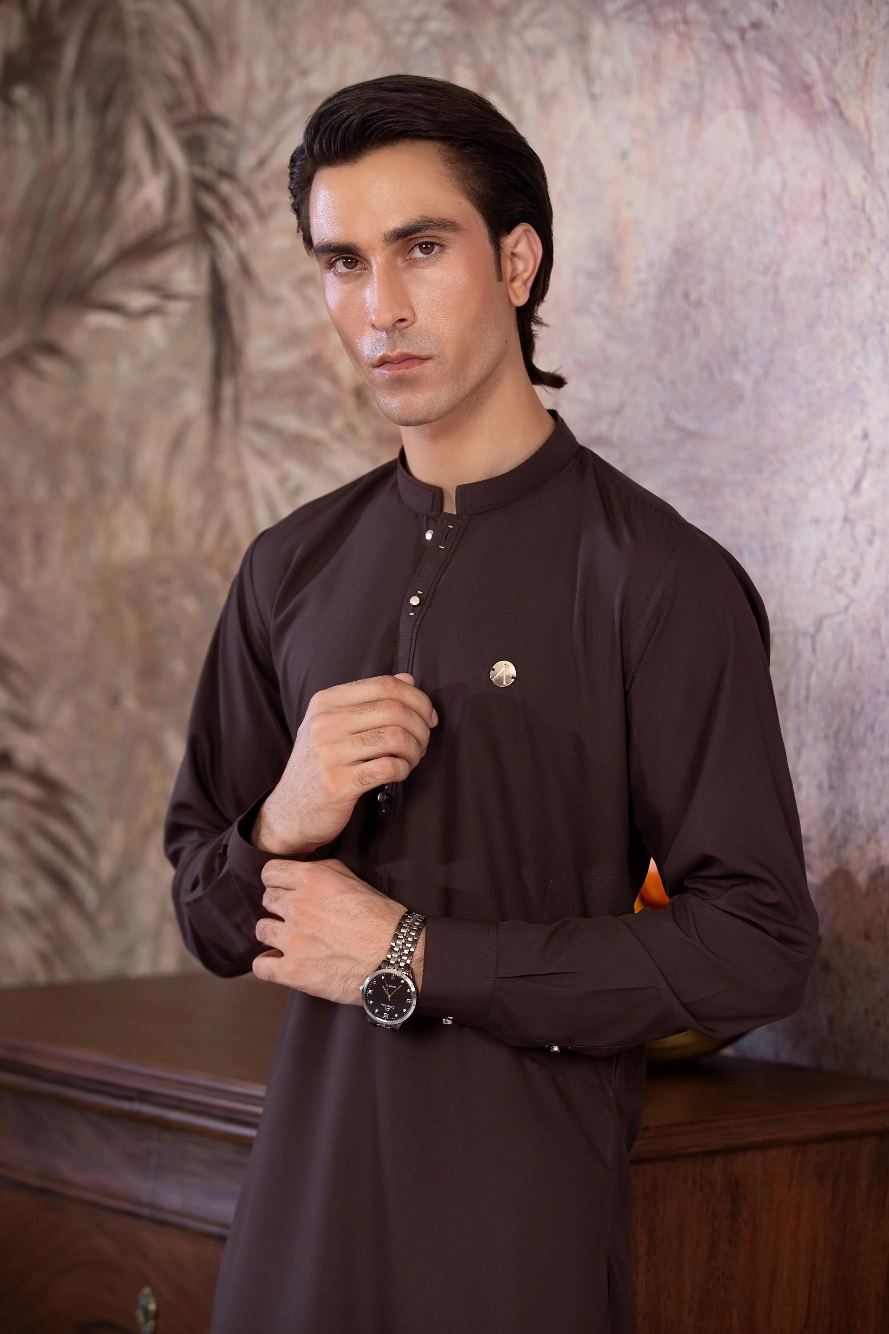 Stitched Kurta With Matching Trouser & Golden Buttons for Men - Chocolate Brown