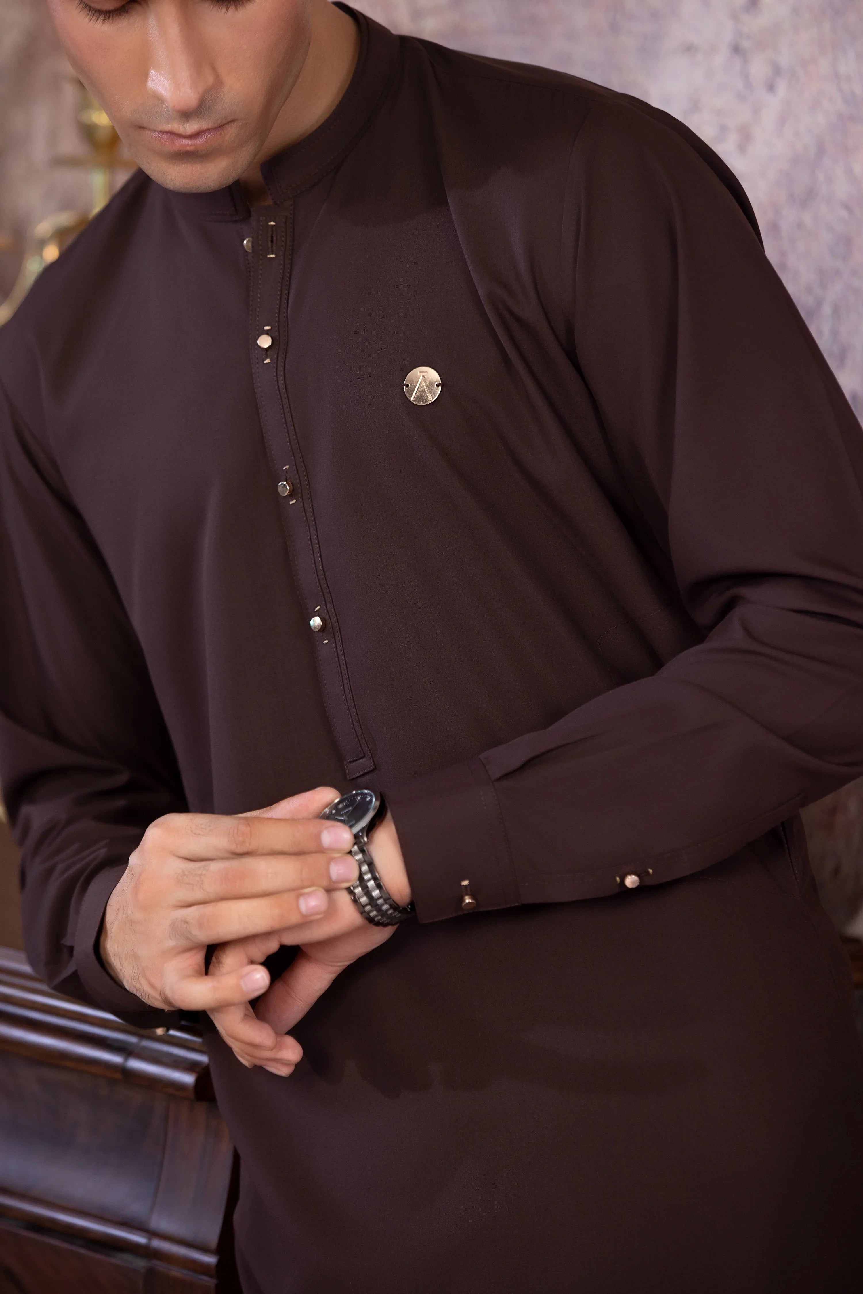 Stitched Kurta With Matching Trouser & Golden Buttons for Men - Chocolate Brown