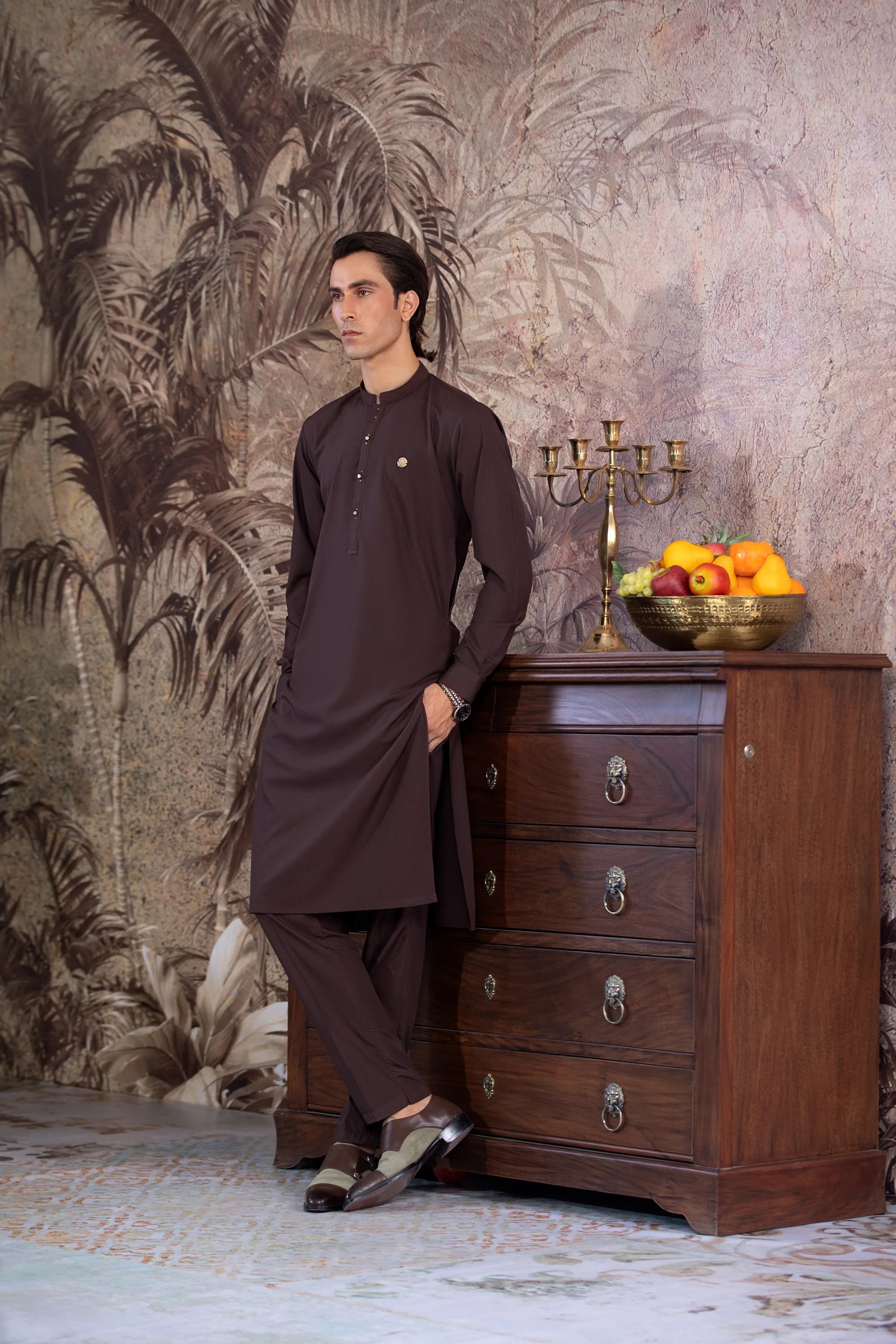 Stitched Kurta With Matching Trouser & Golden Buttons for Men - Chocolate Brown