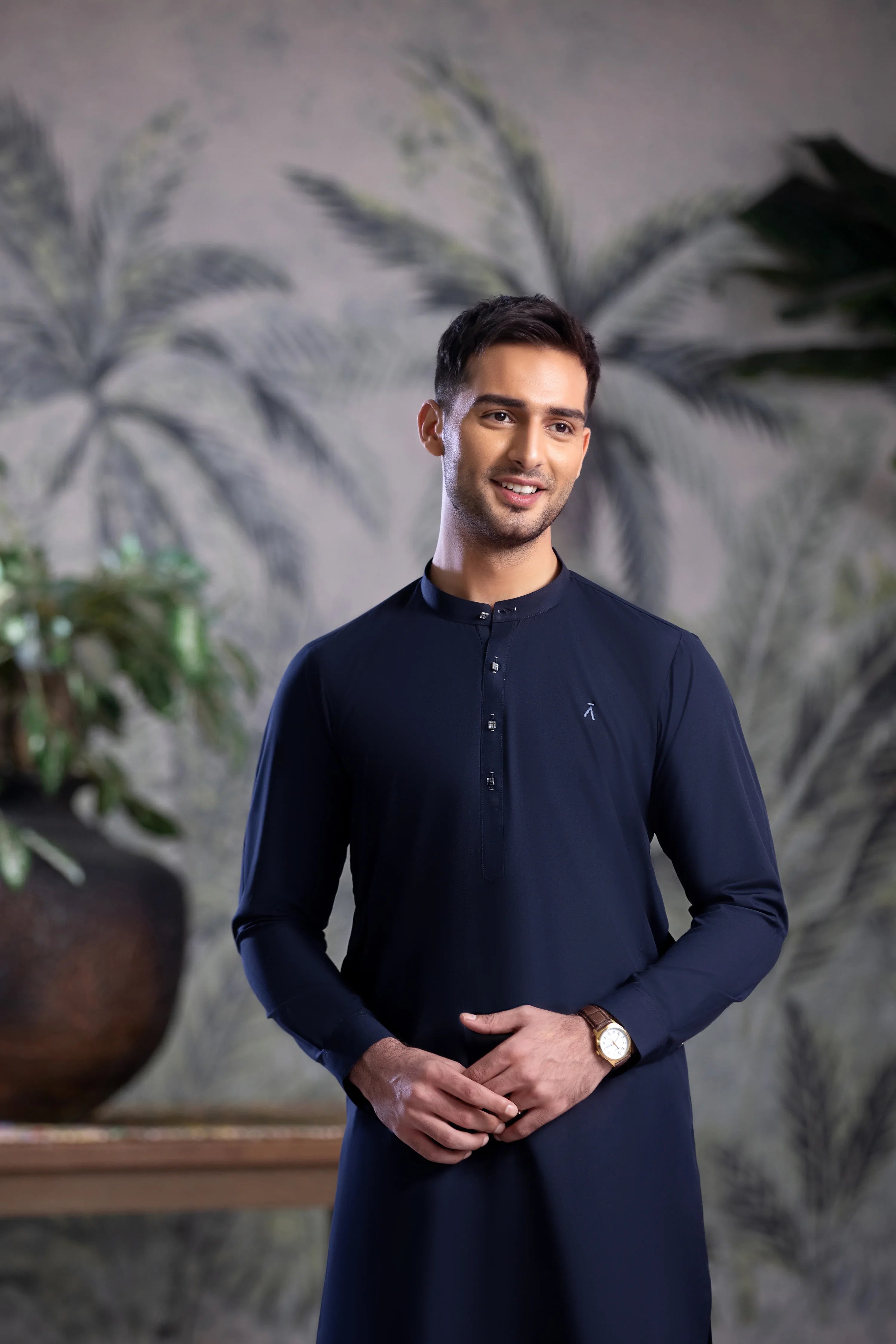 Stitched Kurta With Matching Trouser & Thread Detailing for Men - Navy Blue