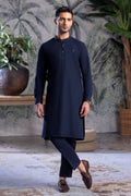 Stitched Kurta With Matching Trouser & Thread Detailing for Men - Navy Blue