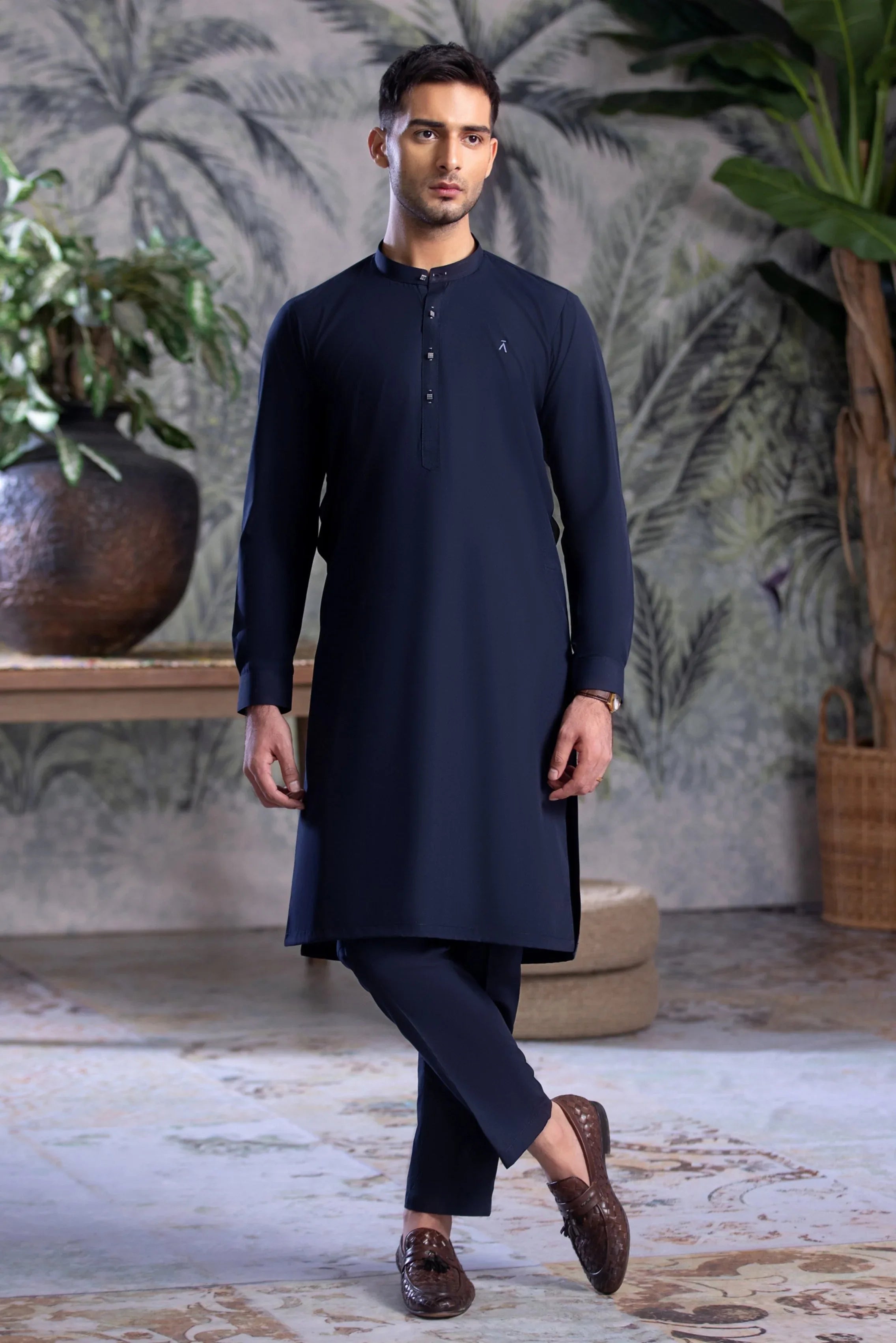 Stitched Kurta With Matching Trouser & Thread Detailing for Men - Navy Blue