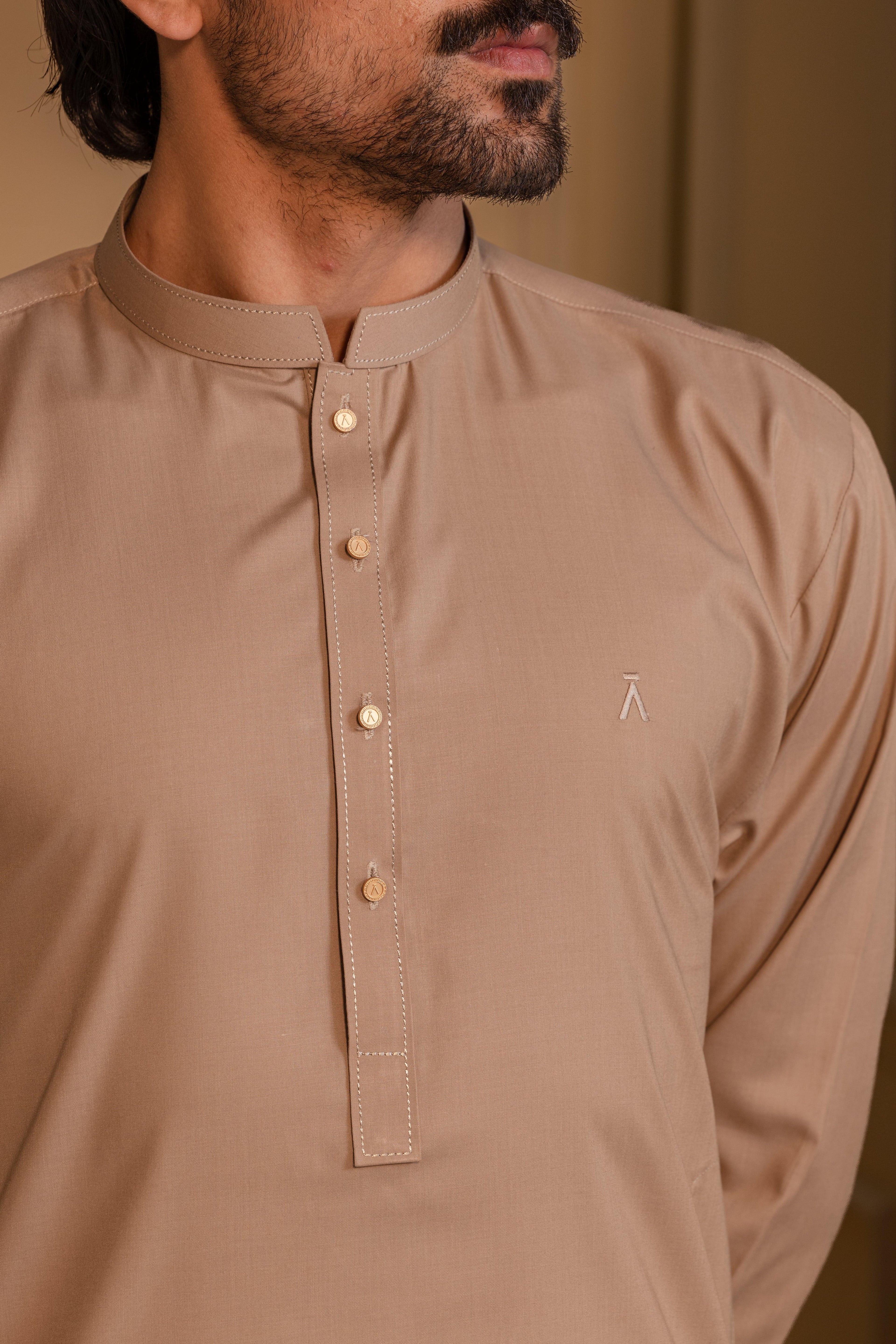Stitched Kurta With Matching Trousers & Metal Buttons for Men - Camel Brown