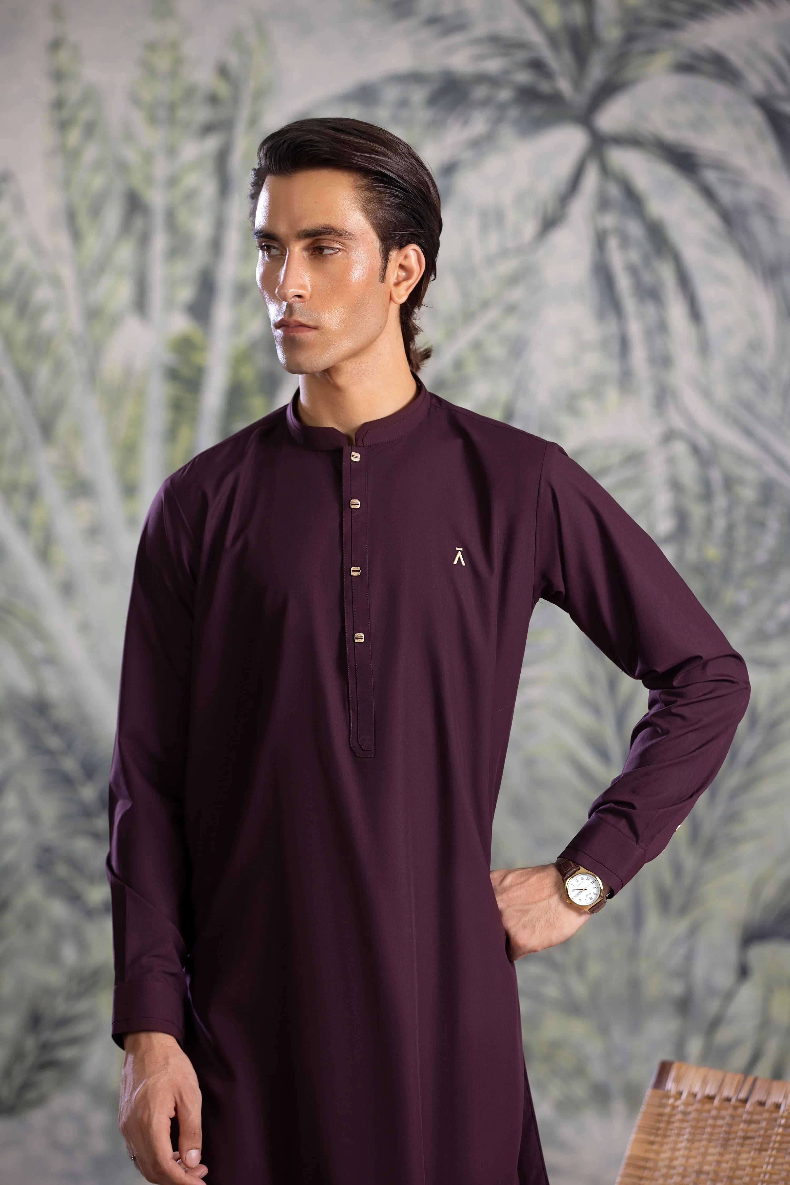 Stitched Kurta With Matching Trousers & Square Metal Buttons for Men - Burgundy
