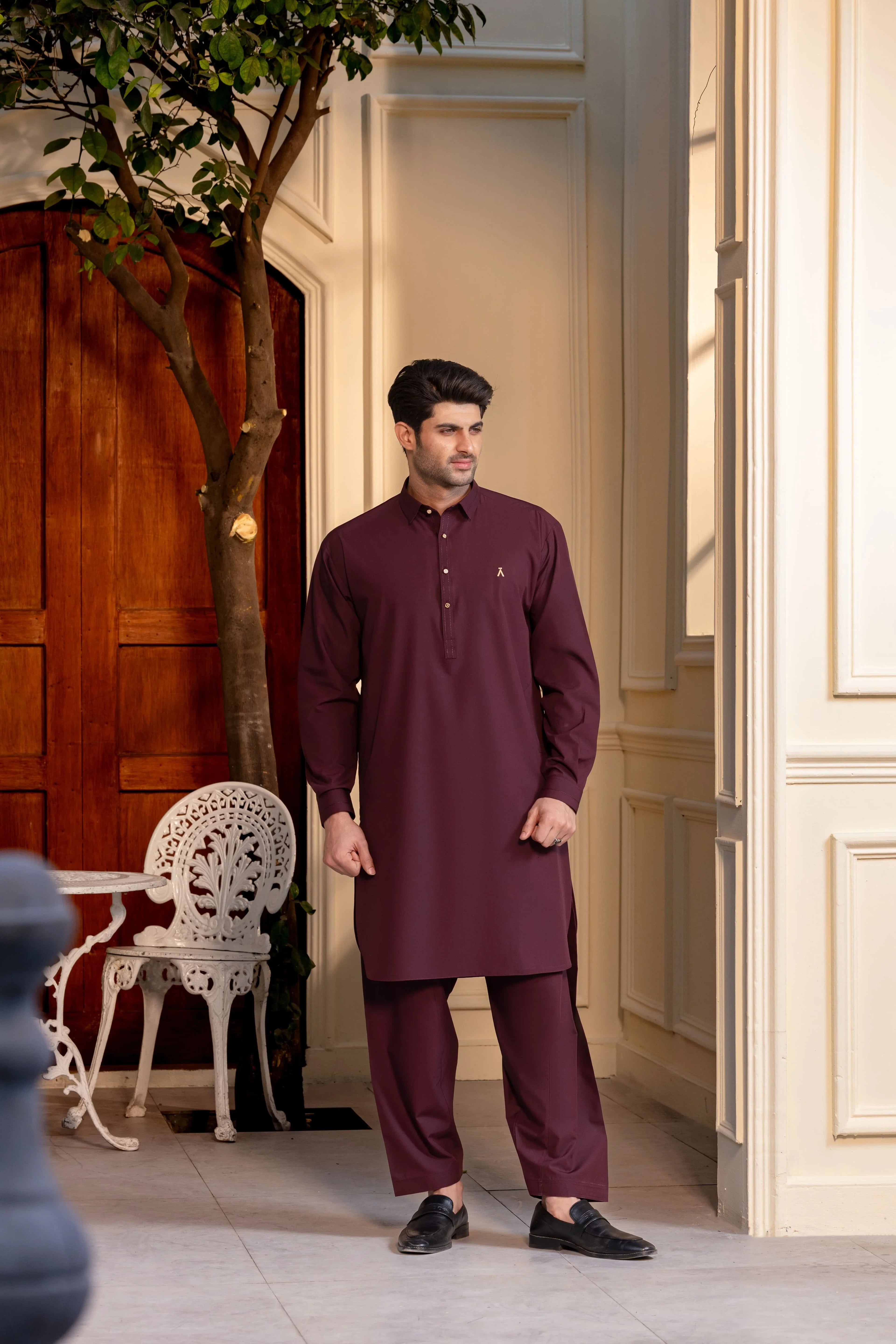 Stitched Modern Kameez Shalwar With Golden Buttons & Thread Detailing for Men - Burgundy