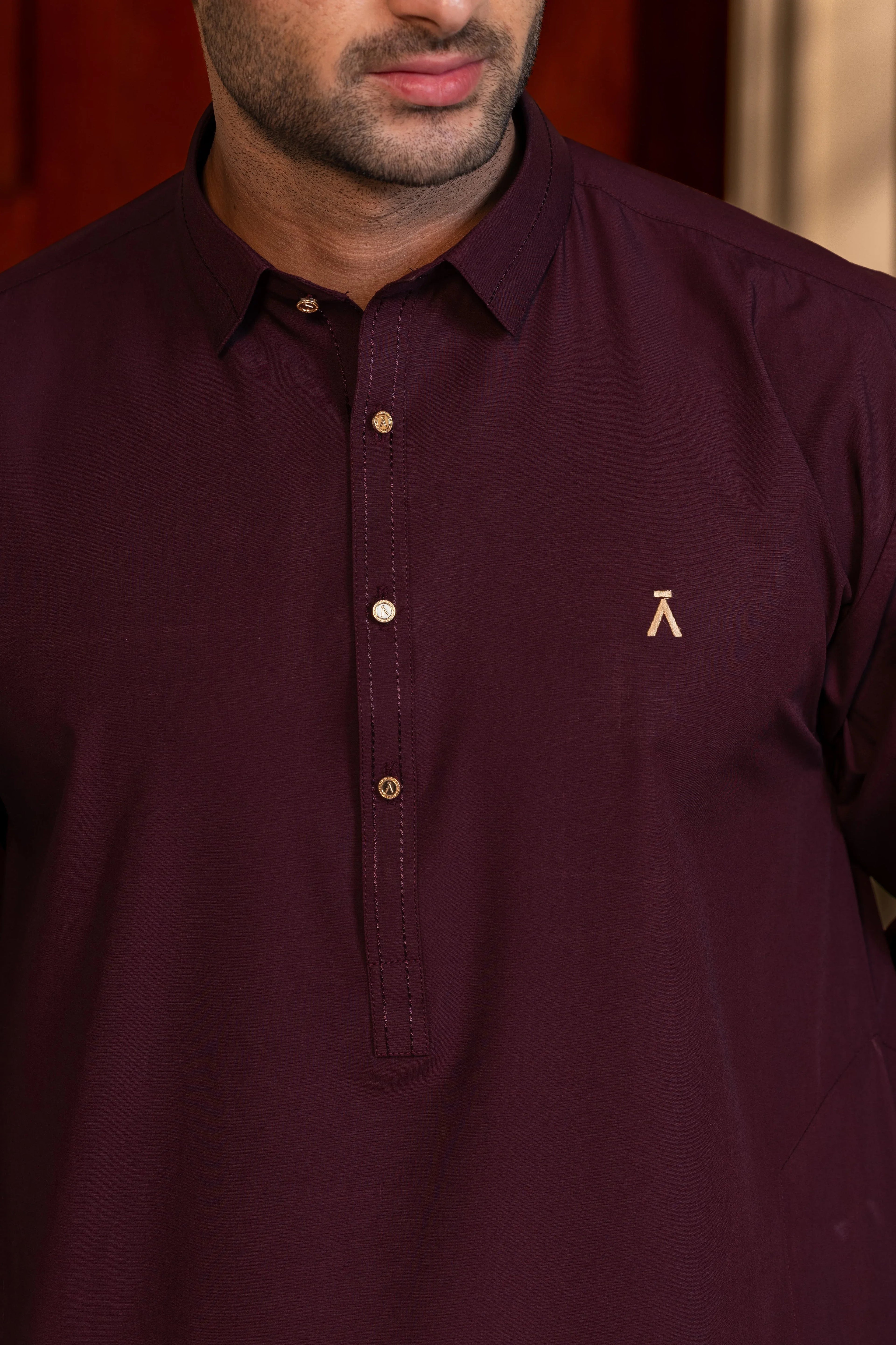 Stitched Modern Kameez Shalwar With Golden Buttons & Thread Detailing for Men - Burgundy