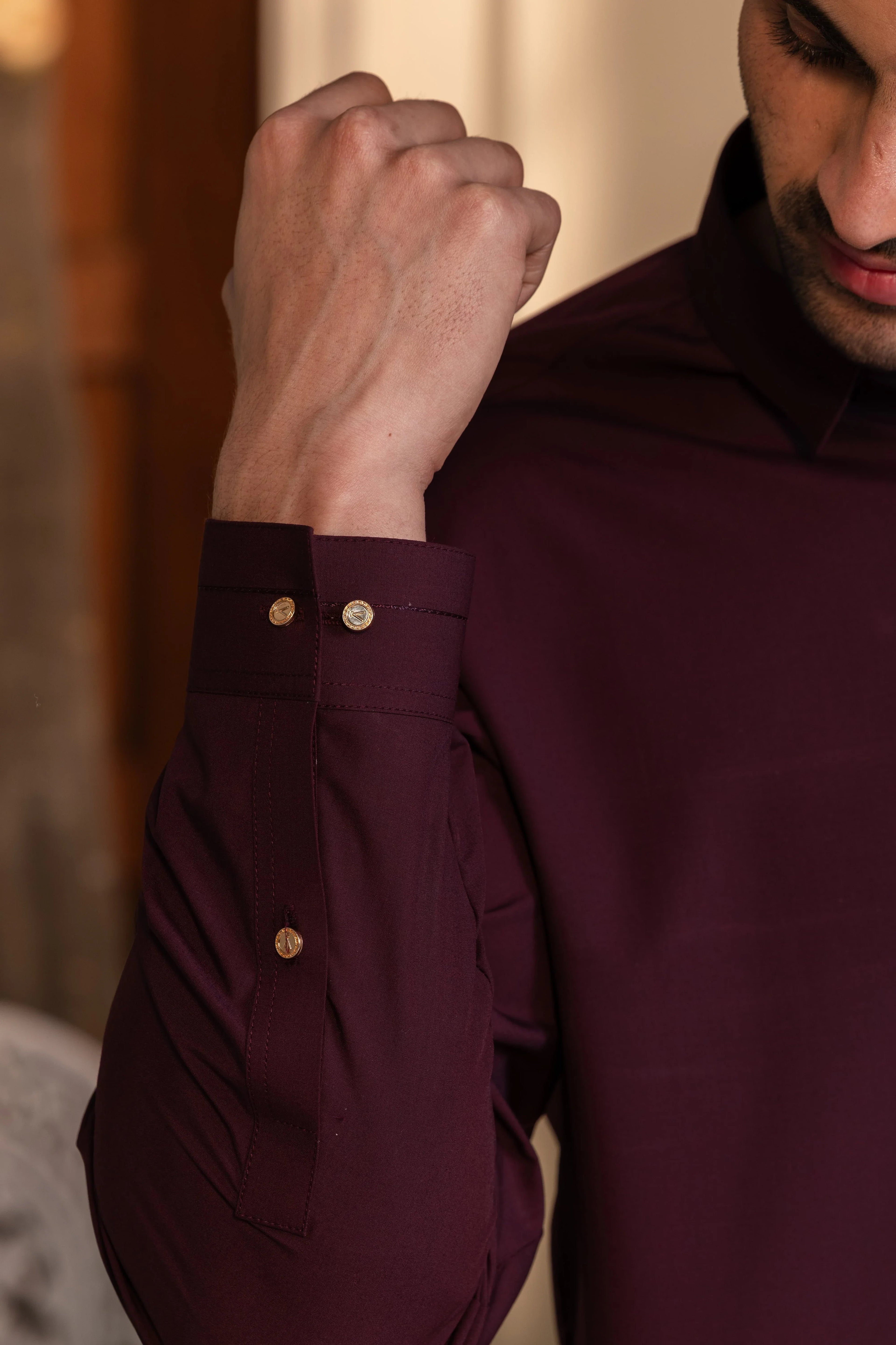 Stitched Modern Kameez Shalwar With Golden Buttons & Thread Detailing for Men - Burgundy