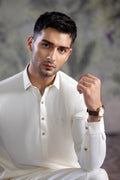 UnStitched Premium Boski Kameez Shalwar With Golden Square Buttons for Men - Cream