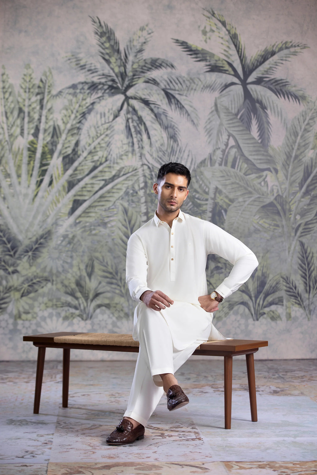 UnStitched Premium Boski Kameez Shalwar With Golden Square Buttons for Men - Cream