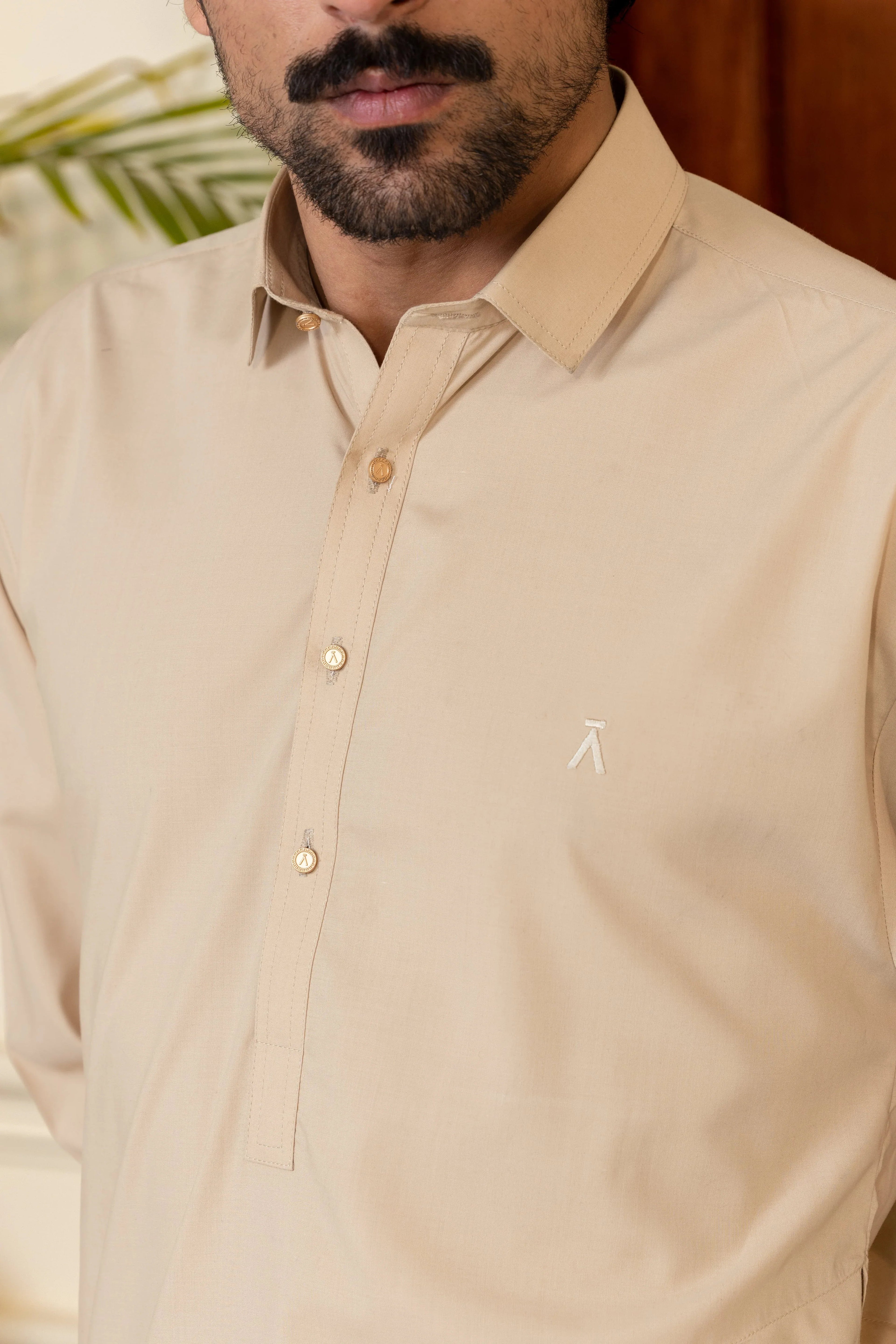 Stitched Premium Collar Kameez With Matching Shalwar for Men - Biscuit