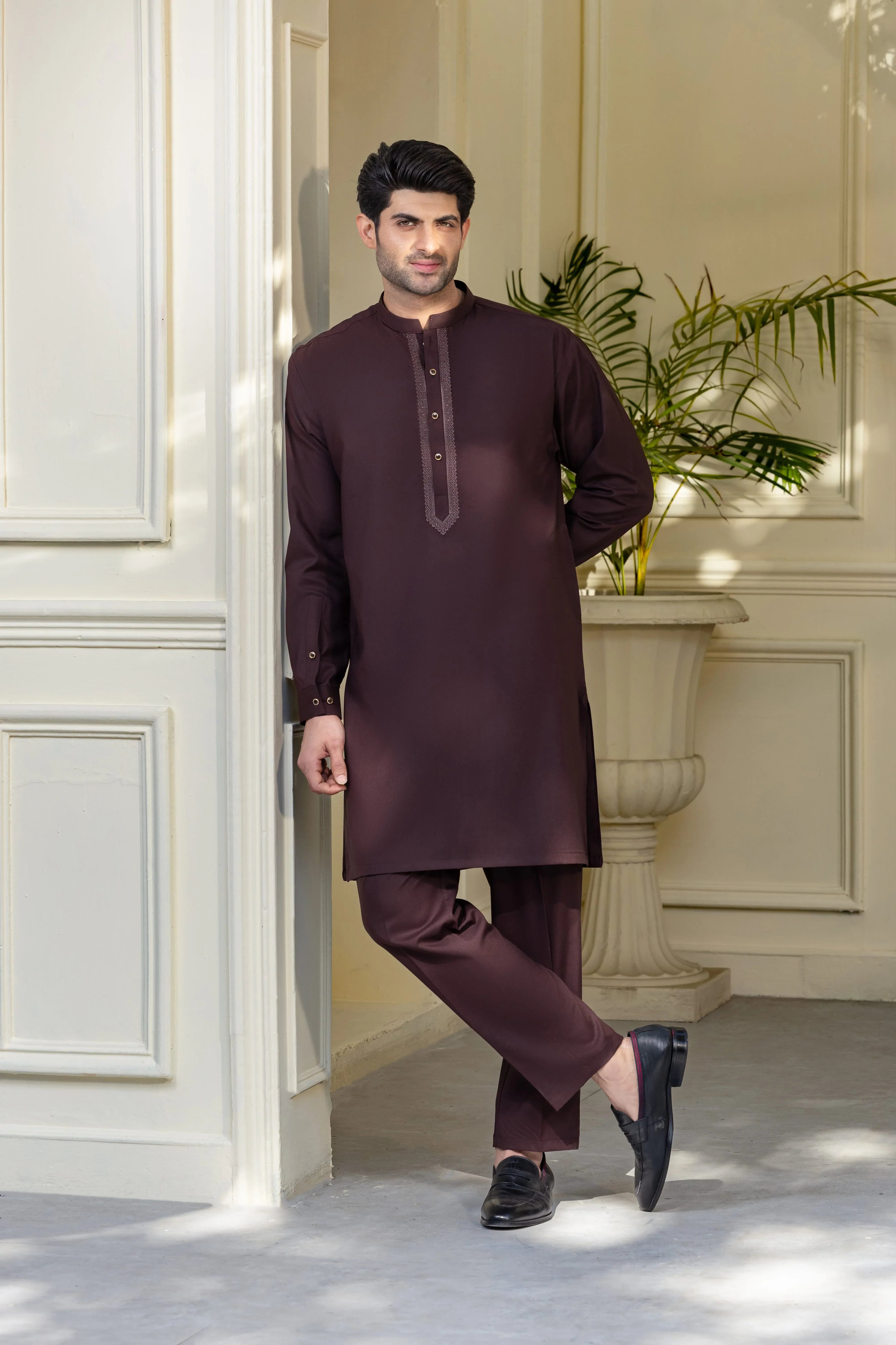 Stitched Premium Embroidered Kurta With Matching Trousers for Men - Dark Brown