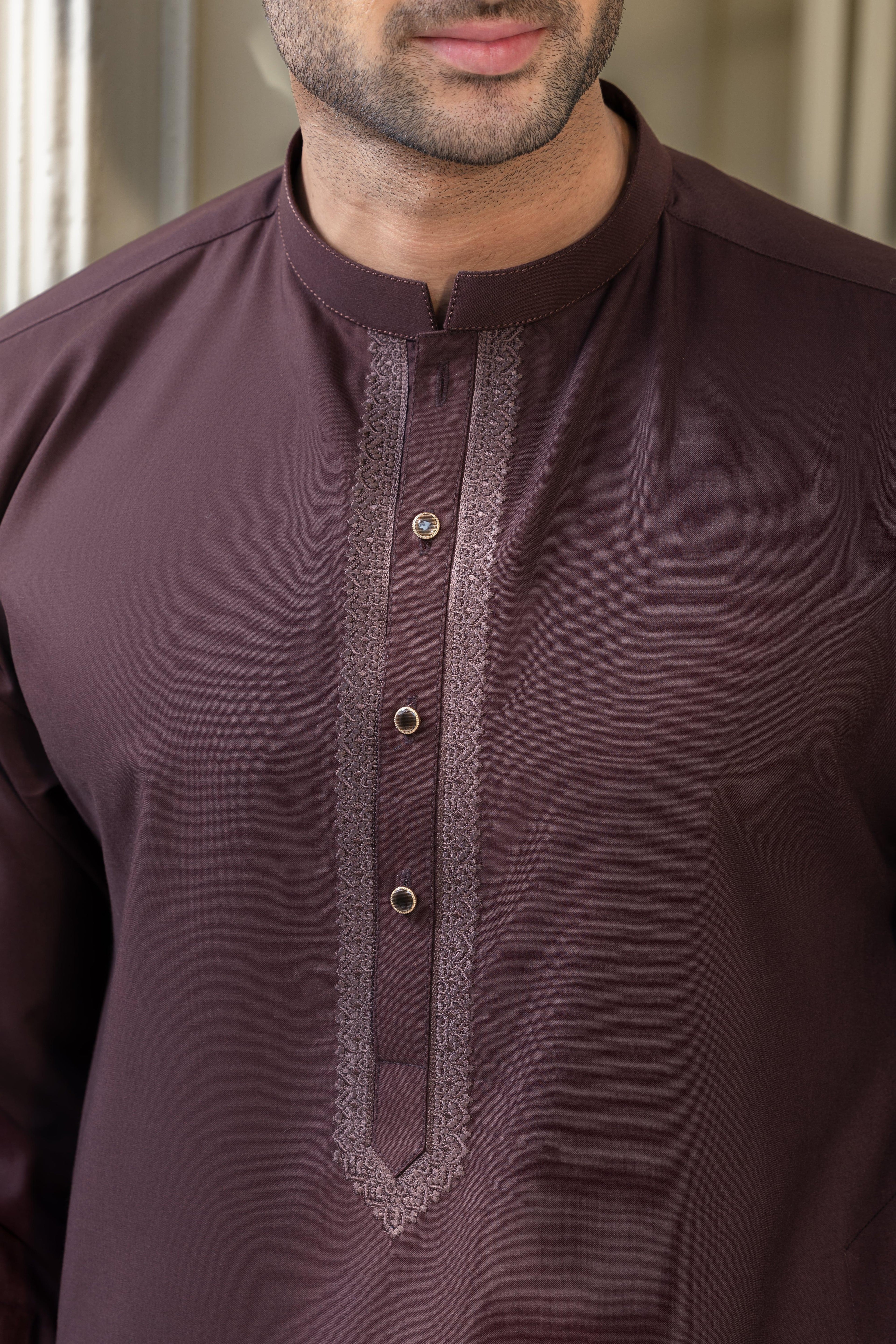 Stitched Premium Embroidered Kurta With Matching Trousers for Men - Dark Brown