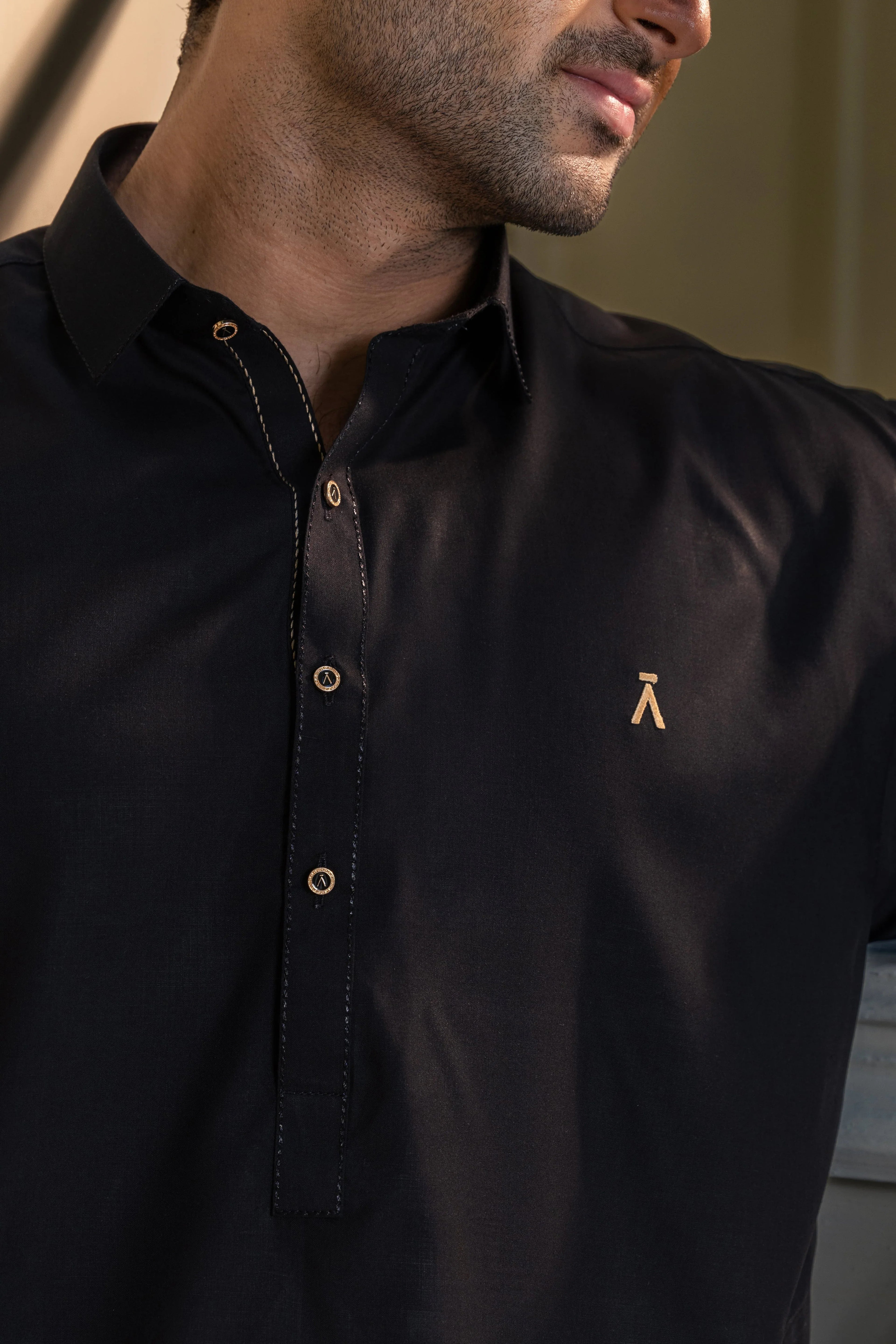 Stitched Premium Kameez Shalwar With Golden Accent for Men  - Black