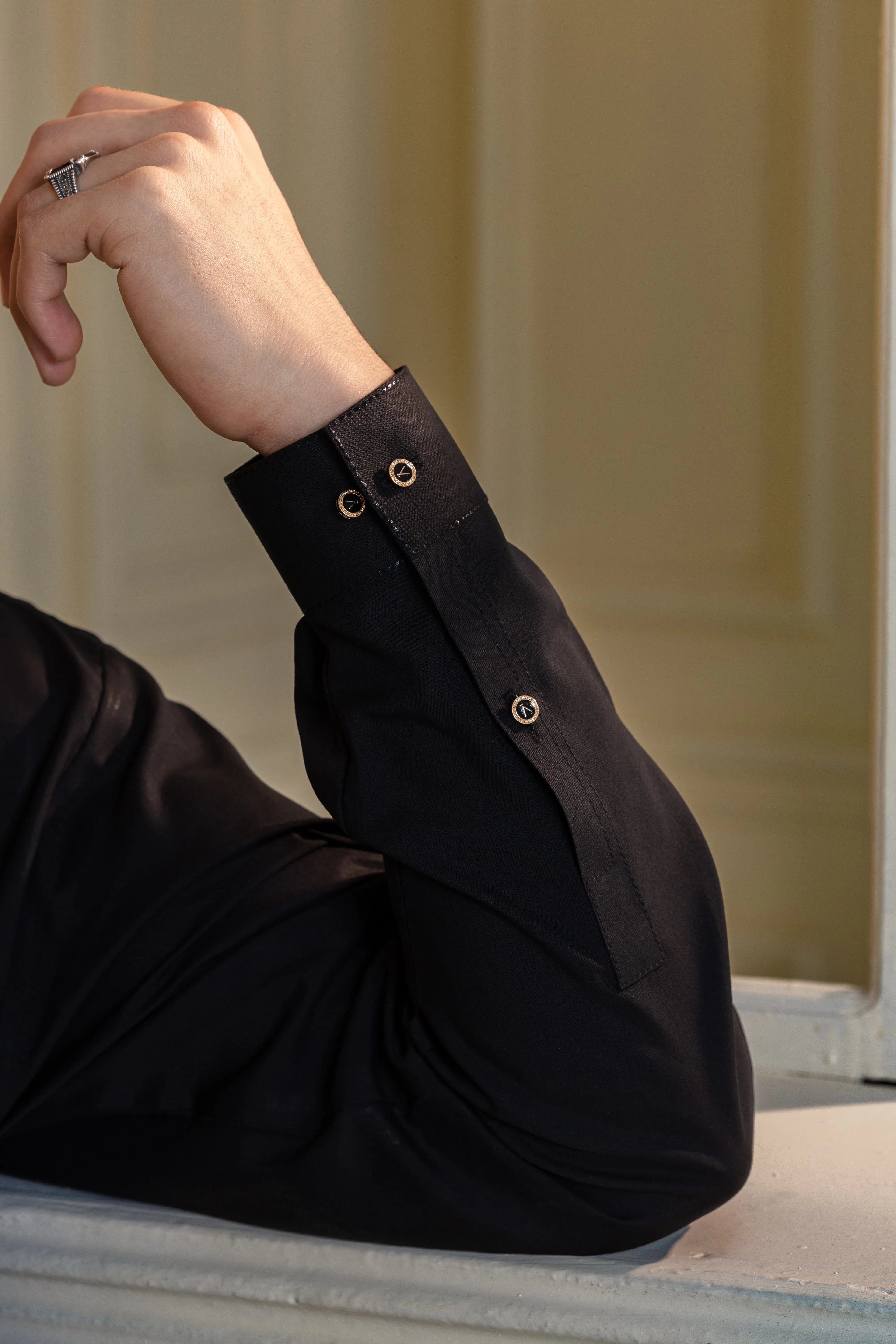 Stitched Premium Kameez Shalwar With Golden Accent for Men  - Black