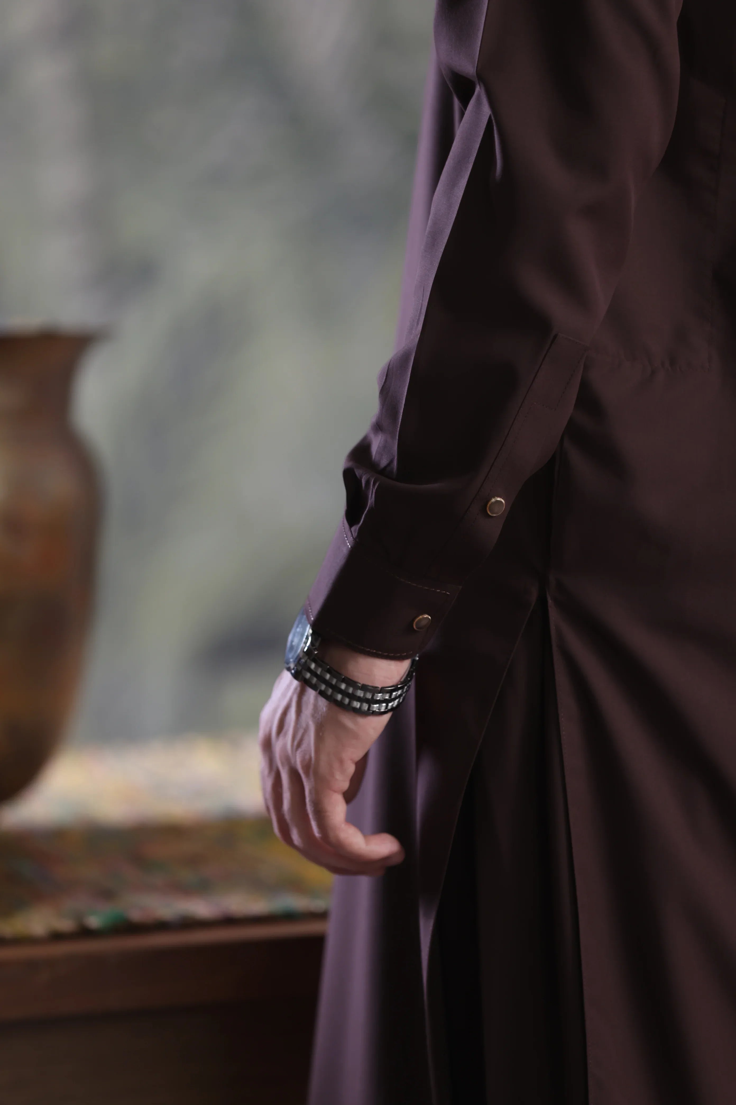 Stitched Round Collar Hidden Placket Kameez Shalwar for Men - Chocolate