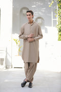 Stitched Signature Logo Shalwar Kameez With Golden Button for Men - Light Brown