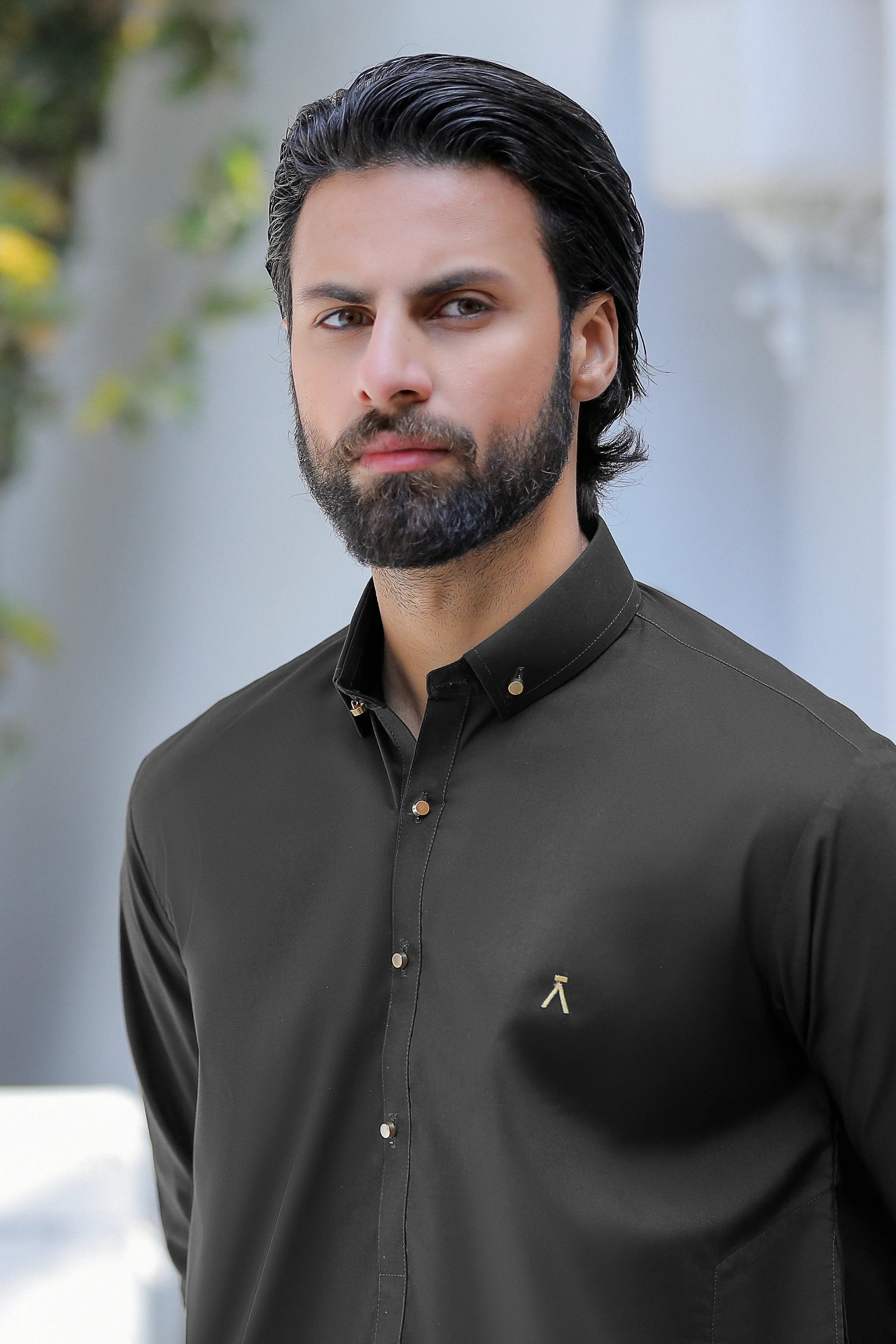 Stitched Signature Logo Shalwar Kameez With Golden Buttons for Men - Black