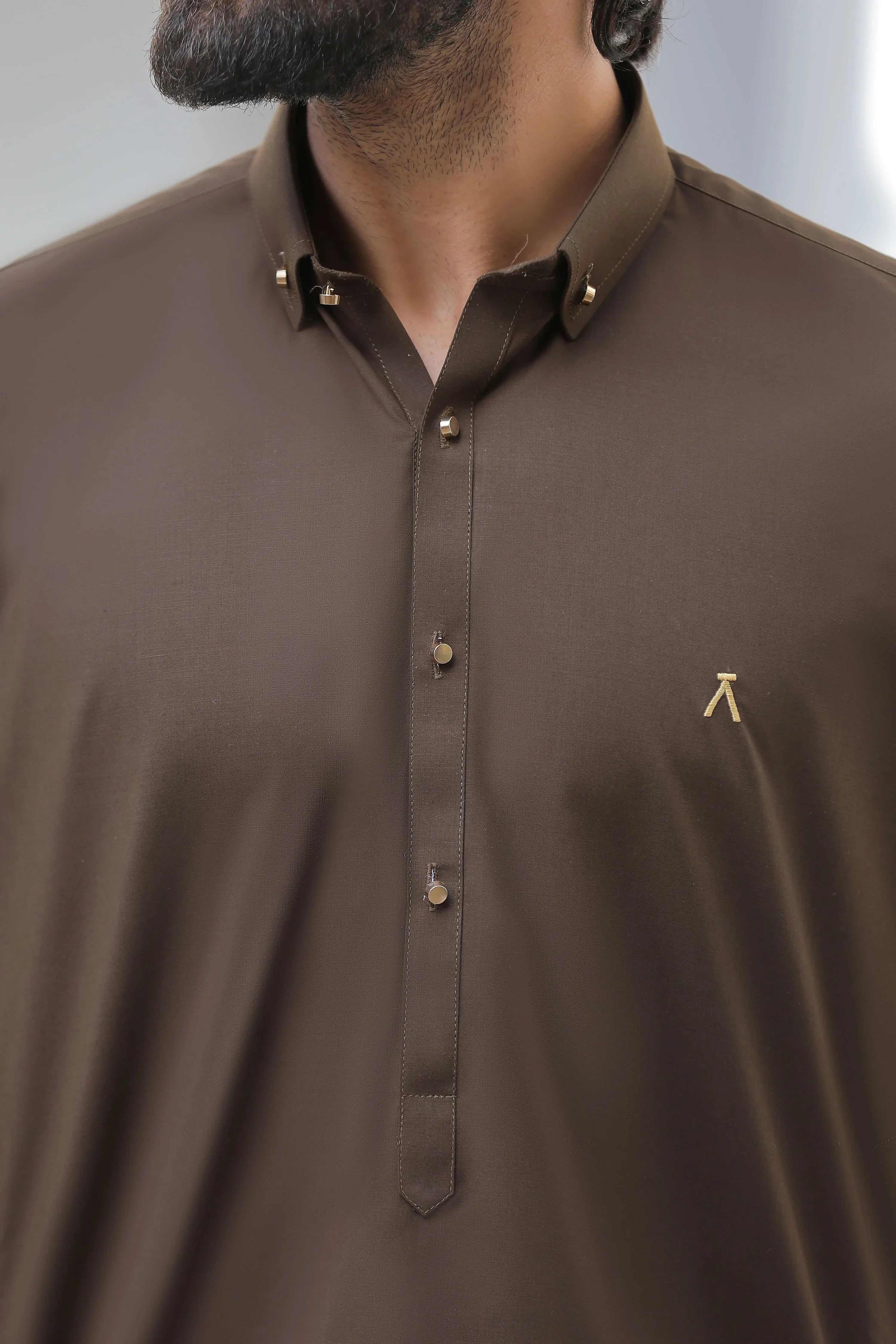 Stitched Signature Logo Shalwar Kameez With Golden Buttons for Men -  Chocolate