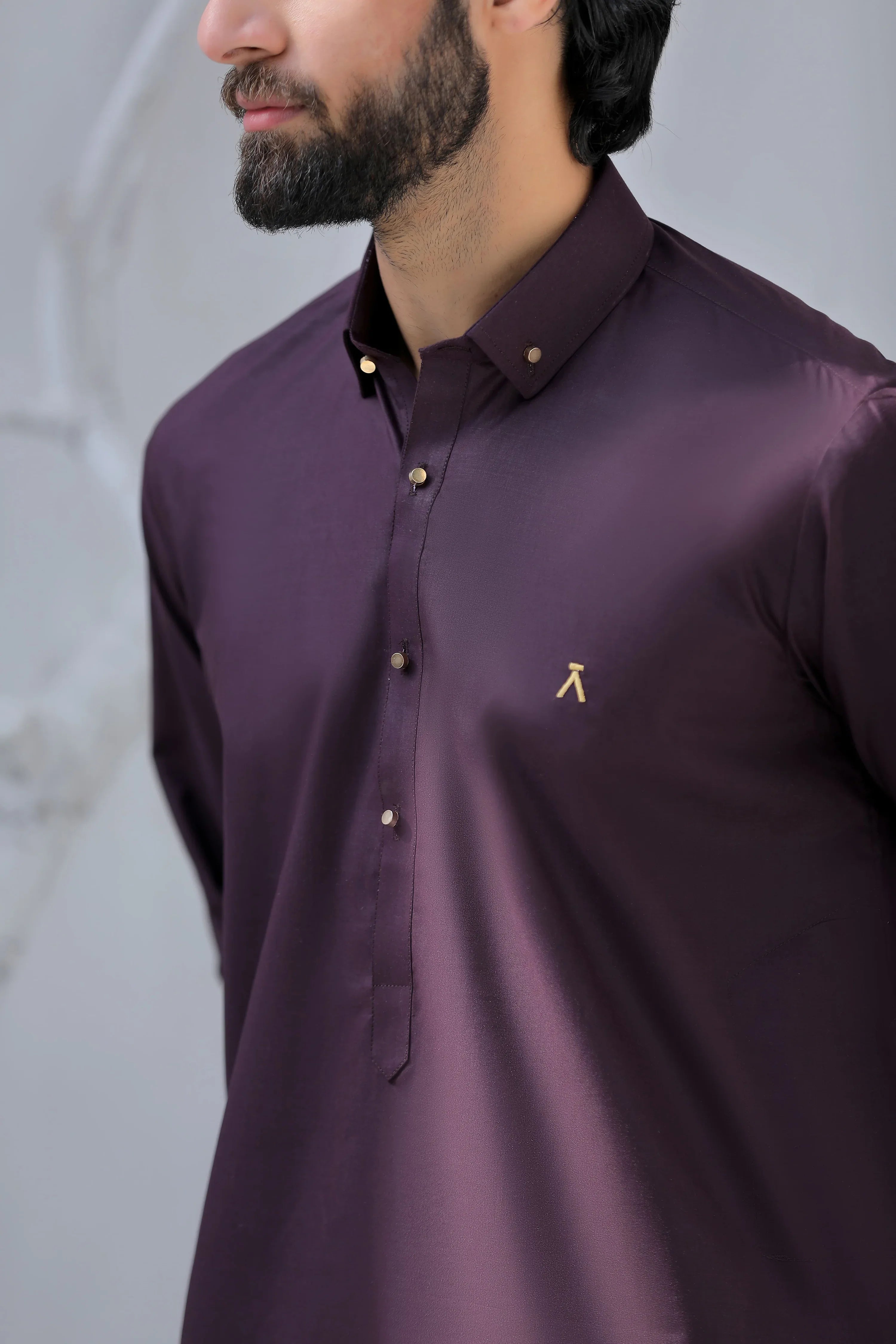 Stitched Signature Logo Shalwar Kameez With Golden Buttons for Men -  Dark Purple